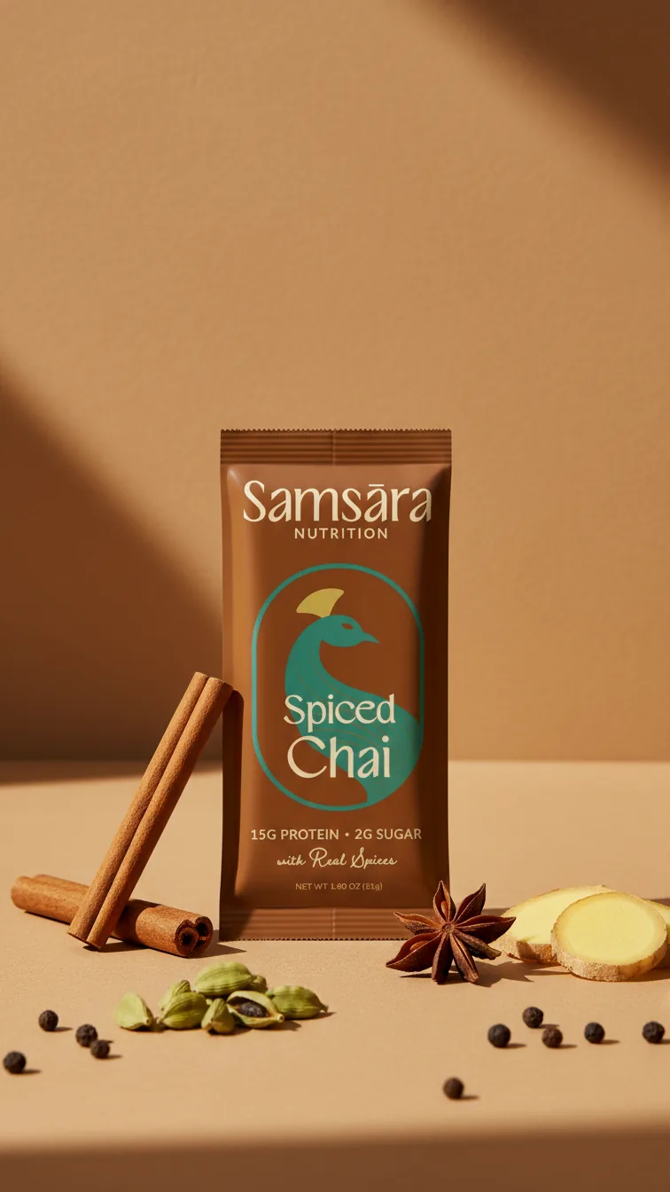Spiced Chai protein bar beside cardamom, cinnamon, and tea