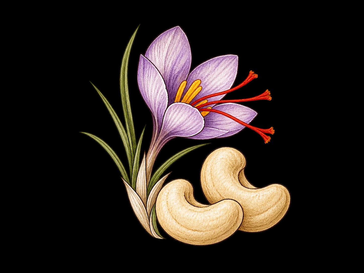 Delicate illustration of one saffron crocus with two cashew kernels