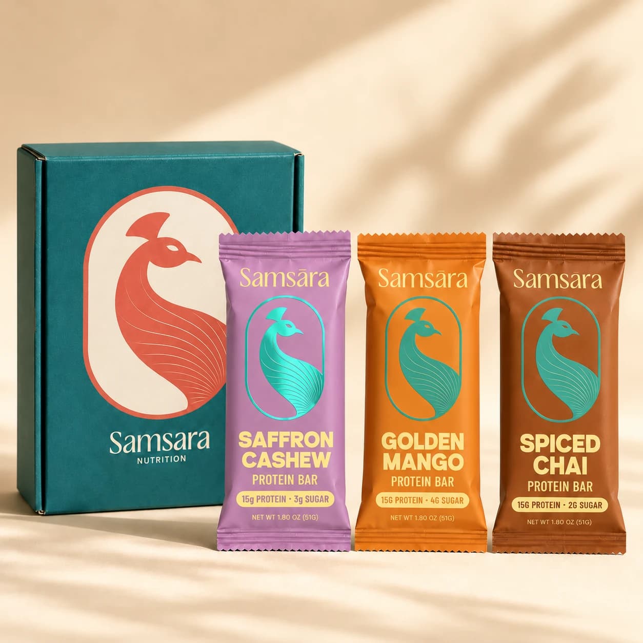 Standard teal Samsara box with Golden Mango, Spiced Chai, and lavender Saffron Cashew bars